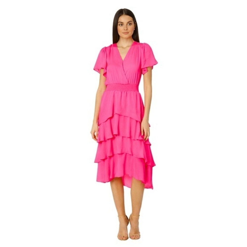 Vince Camuto XXS Hot Pink Tiered Ruffle Midi Dress Smocked Waist NWT